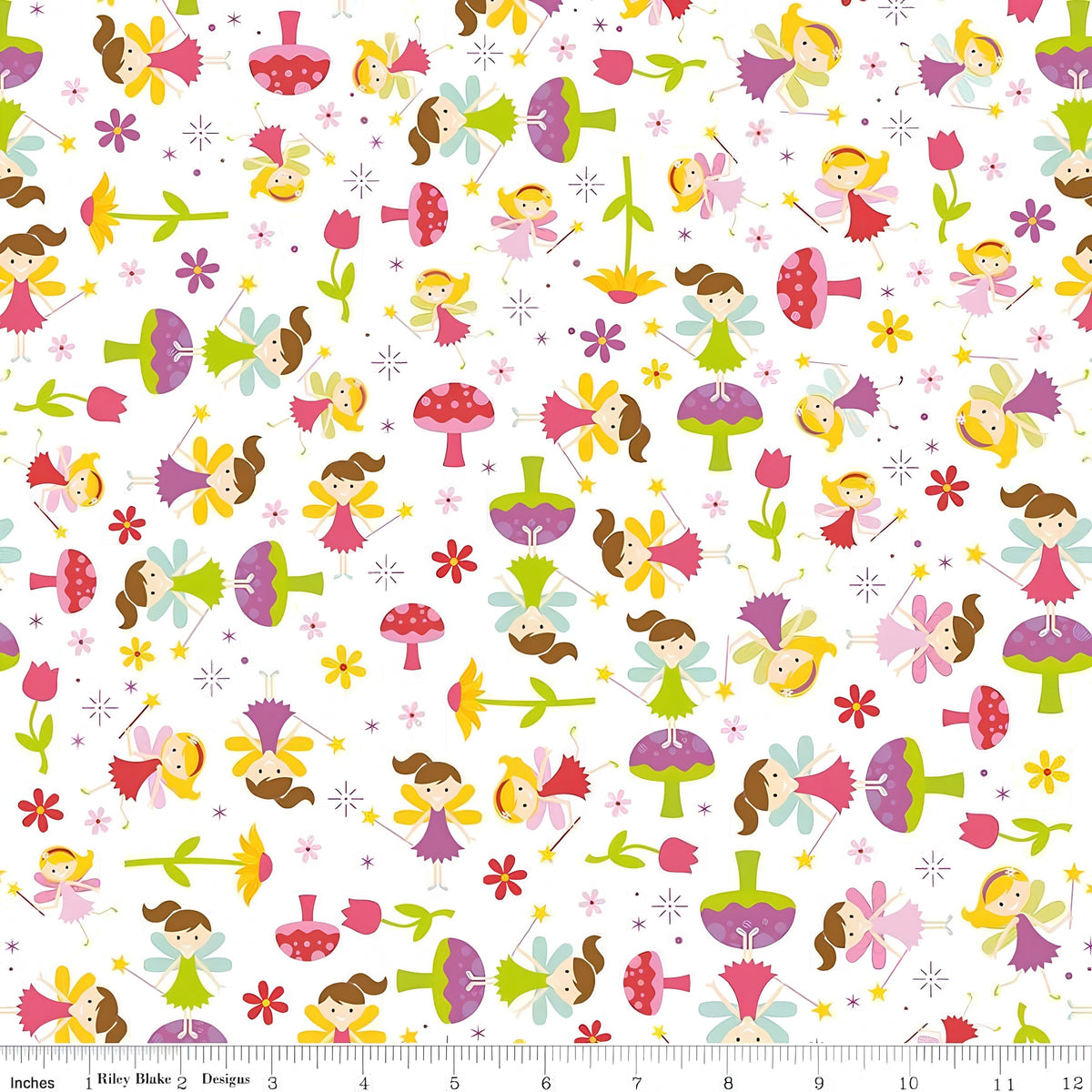 Fairies magic wands toadstools tulips flowers and starbursts on white Fairy Garden novelty fabric for girls quilts nursery décor and patchwork sewing projects