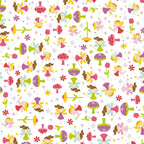 Fairies magic wands toadstools tulips flowers and starbursts on white Fairy Garden novelty fabric for girls quilts nursery décor and patchwork sewing projects