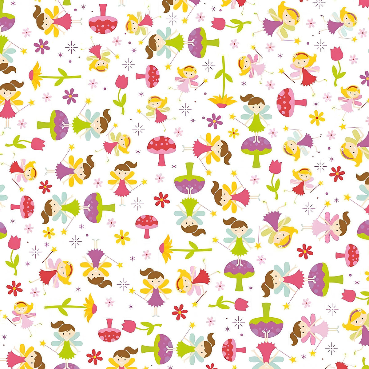 Fairies magic wands toadstools tulips flowers and starbursts on white Fairy Garden novelty fabric for girls quilts nursery décor and patchwork sewing projects