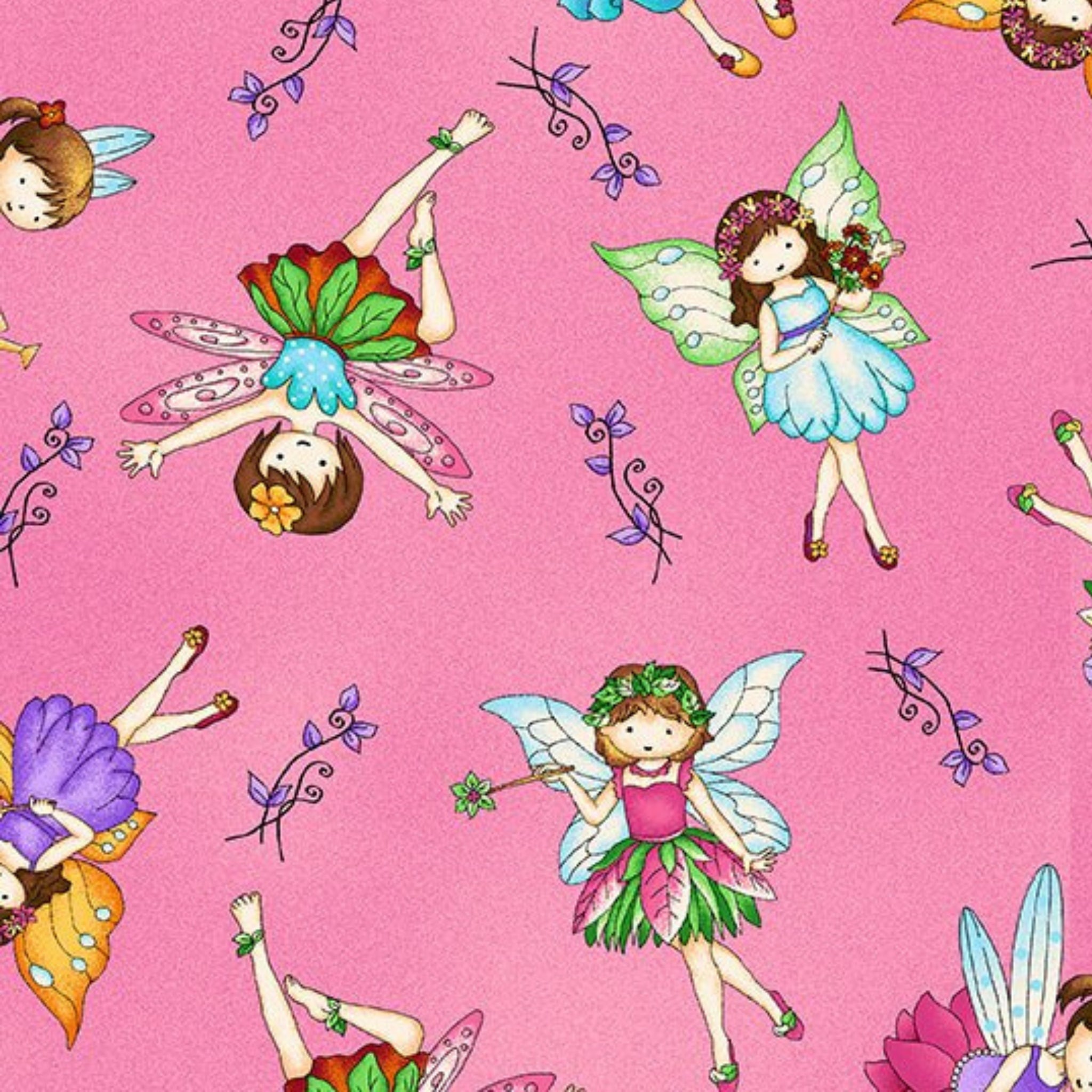 Cartoon fairies colourful wings flower crowns pink fabric for baby quilts nursery and children's patchwork projects