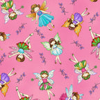 Illustrated fairies colourful wings flower crowns pink fabric for baby quilts nursery and children's patchwork projects