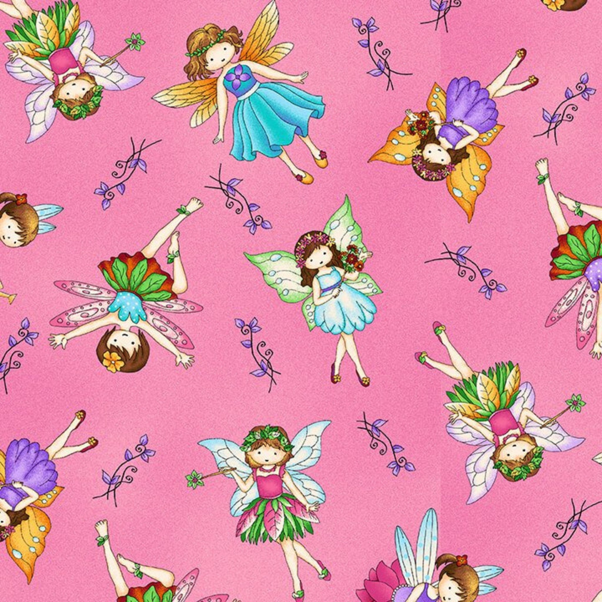 Illustrated fairies colourful wings flower crowns pink fabric for baby quilts nursery and children's patchwork projects