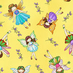Cartoon fairies colourful wings flower crowns yellow fabric for baby quilts nursery and children's patchwork projects