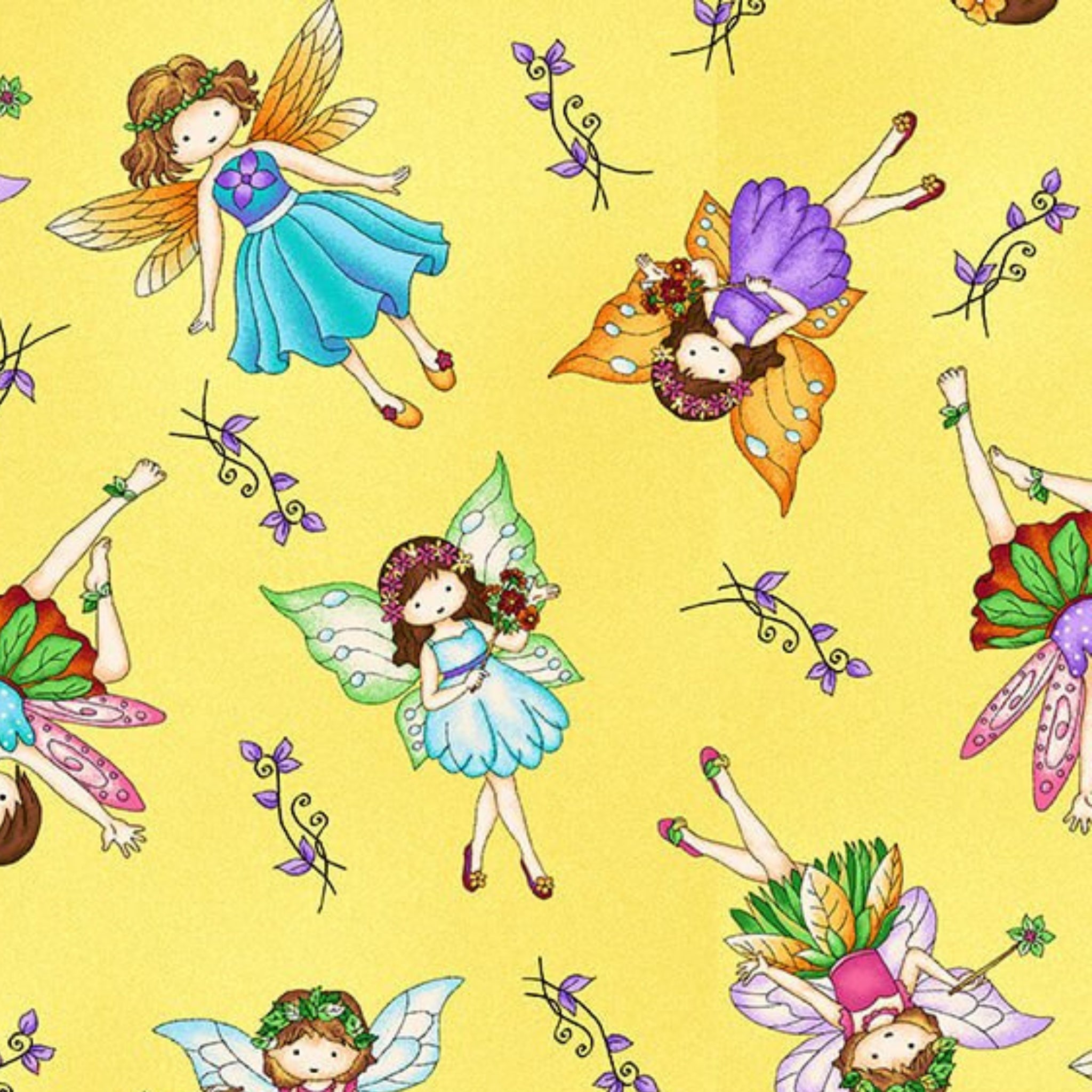 Cartoon fairies colourful wings flower crowns yellow fabric for baby quilts nursery and children's patchwork projects