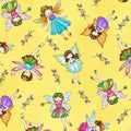 Illustrated fairies colourful wings flower crowns yellow fabric for baby quilts nursery and children's patchwork projects