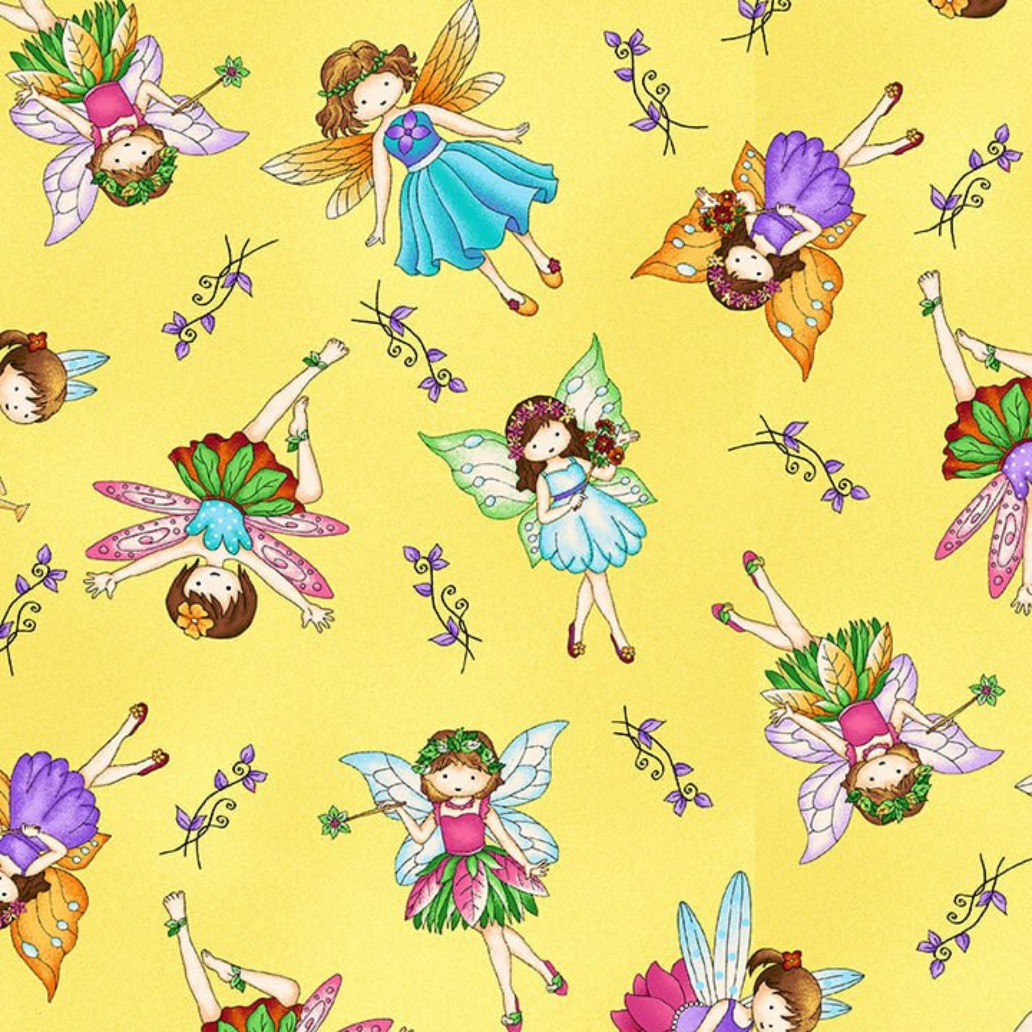 Illustrated fairies colourful wings flower crowns yellow fabric for baby quilts nursery and children's patchwork projects