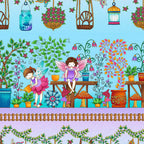 Border stripe fairies garden hanging baskets plants butterflies mushrooms aqua purple fabric for baby quilts nursery and children's projects