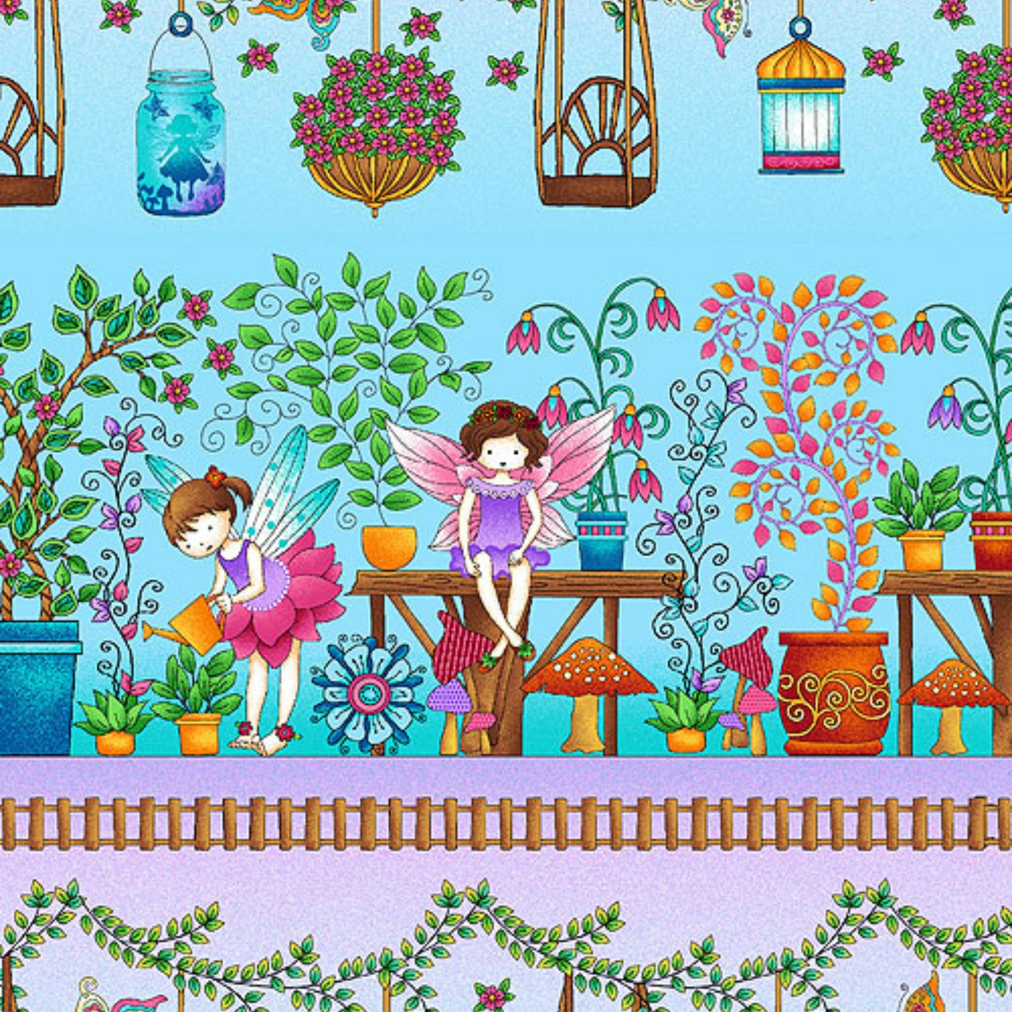 Border stripe fairies garden hanging baskets plants butterflies mushrooms aqua purple fabric for baby quilts nursery and children's projects