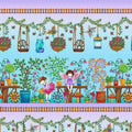 Border stripe fairies garden hanging baskets plants butterflies mushrooms aqua purple fabric for baby quilts nursery and children's projects