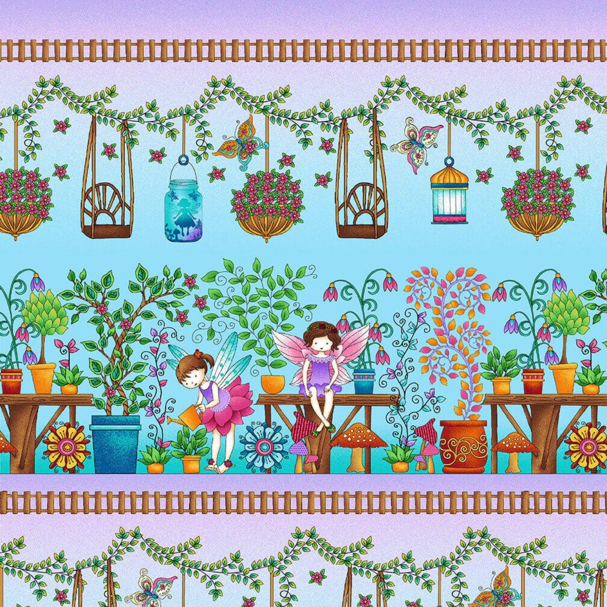 Border stripe fairies garden hanging baskets plants butterflies mushrooms aqua purple fabric for baby quilts nursery and children's projects