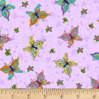 Colourful butterflies pink orange yellow turquoise purple orchid background fabric for baby quilts nursery and children's patchwork projects