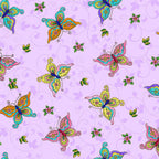 Colourful butterflies pink orange yellow turquoise purple orchid background fabric for baby quilts nursery and children's patchwork projects