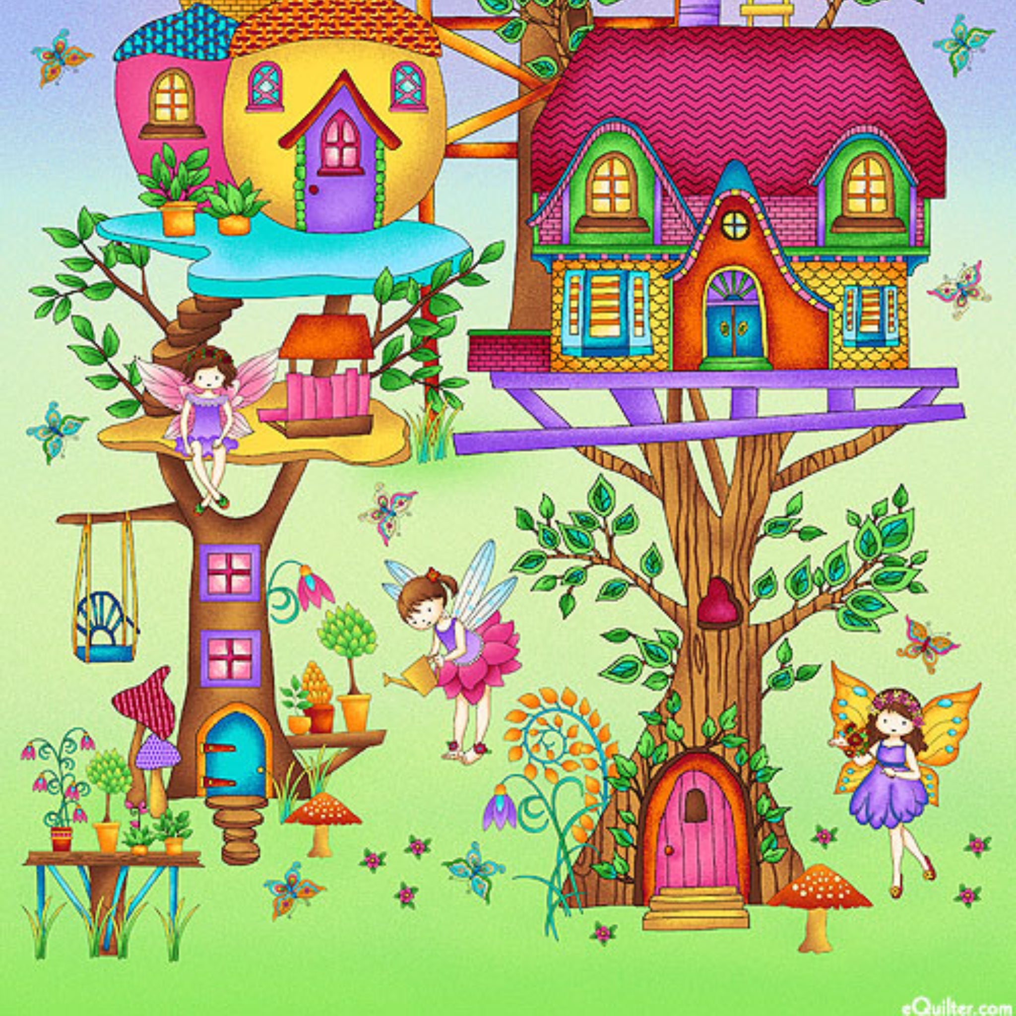 Panel fairy treehouse village colourful houses fairies butterflies gradient purple green fabric for wall hangings baby quilts and children's projects