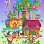 Panel fairy treehouse village colourful houses fairies butterflies gradient purple green fabric for wall hangings baby quilts and children's projects