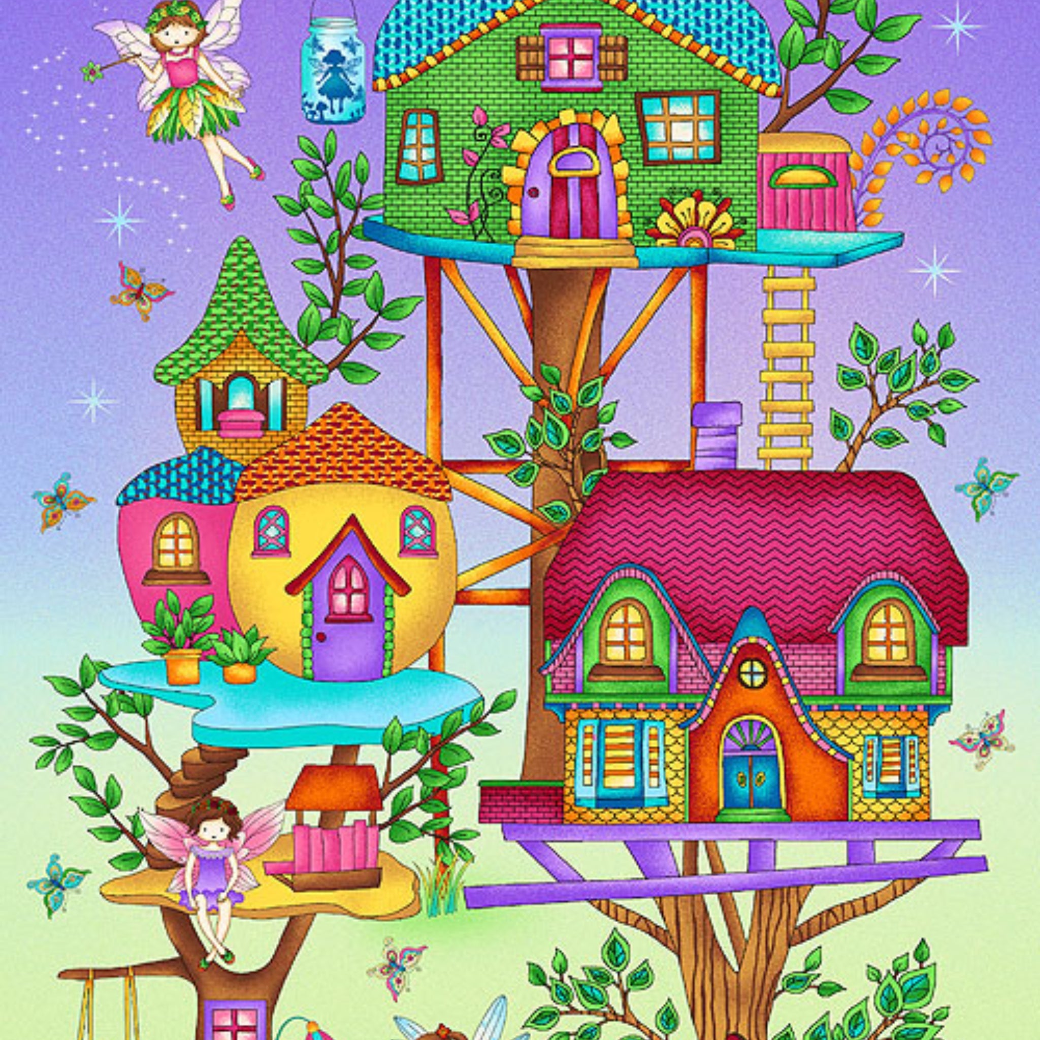 Panel fairy treehouse village colourful houses fairies butterflies gradient purple green fabric for wall hangings baby quilts and children's projects