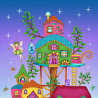 Panel fairy treehouse village colourful houses fairies butterflies gradient purple green fabric for wall hangings baby quilts and children's projects