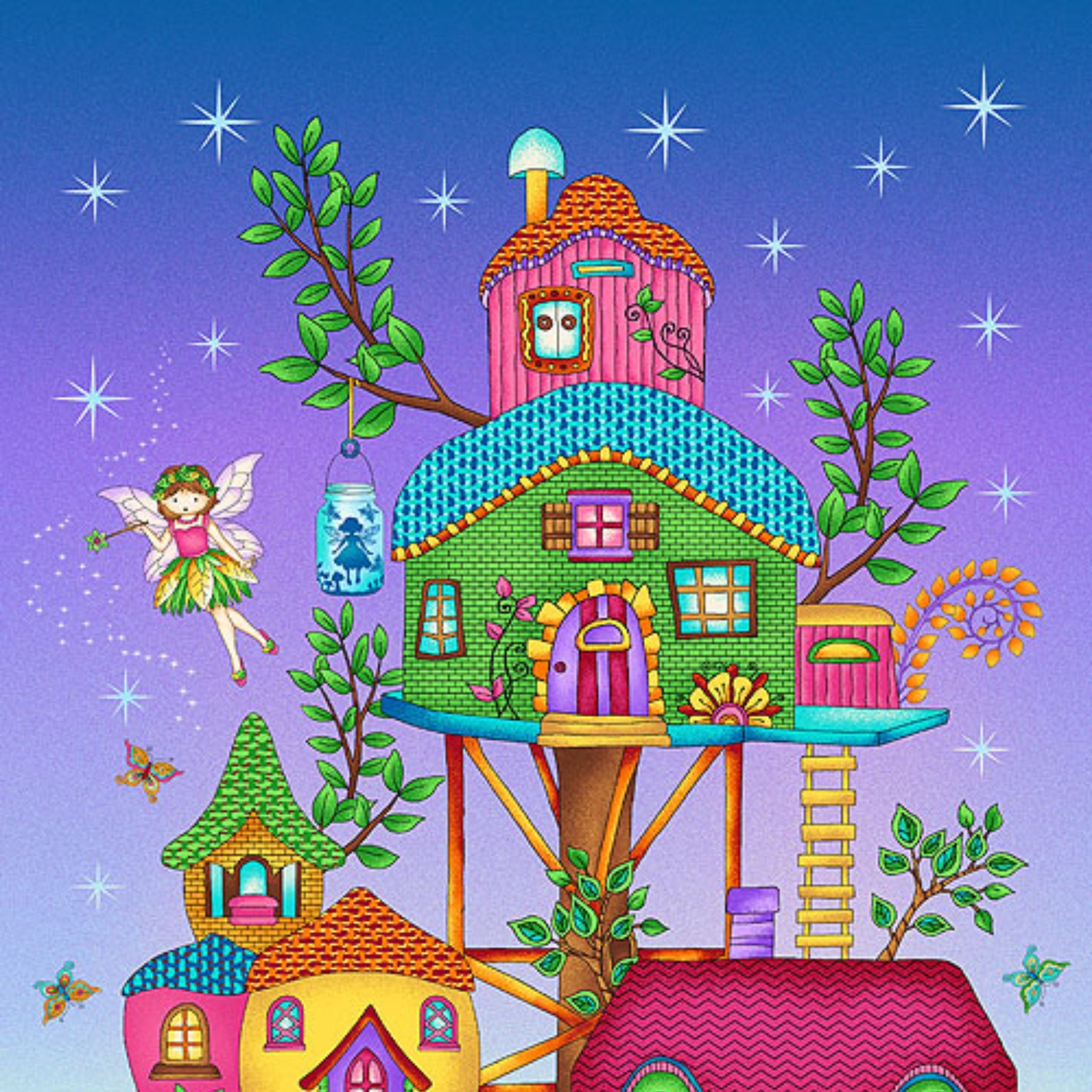 Panel fairy treehouse village colourful houses fairies butterflies gradient purple green fabric for wall hangings baby quilts and children's projects