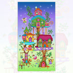 Panel fairy treehouse village colourful houses fairies butterflies gradient purple green fabric for wall hangings baby quilts and children's projects