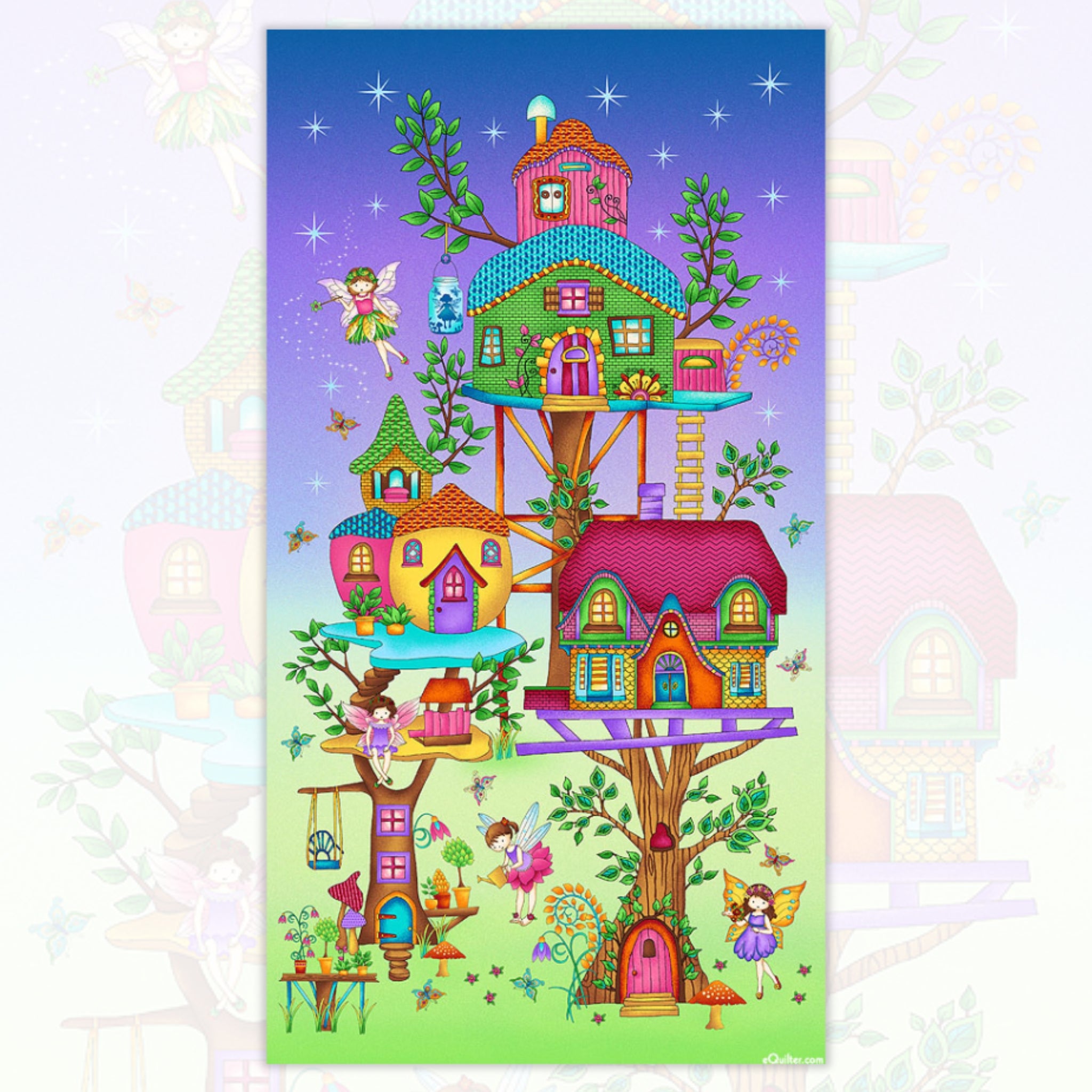 Panel fairy treehouse village colourful houses fairies butterflies gradient purple green fabric for wall hangings baby quilts and children's projects