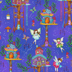Fairy treehouses fairies butterflies mushrooms periwinkle blue stars fabric for baby quilts nursery and children's patchwork projects