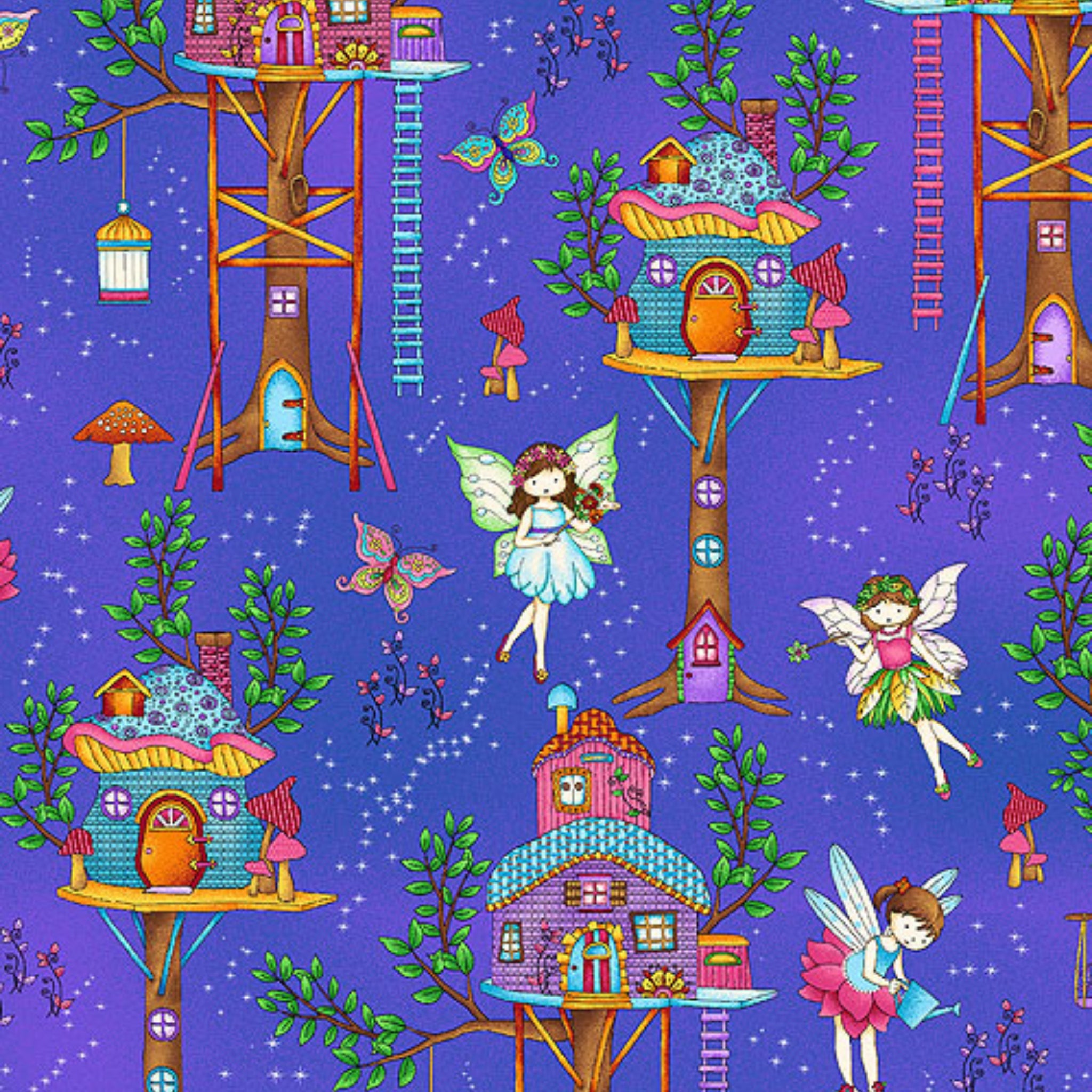 Fairy treehouses fairies butterflies mushrooms periwinkle blue stars fabric for baby quilts nursery and children's patchwork projects