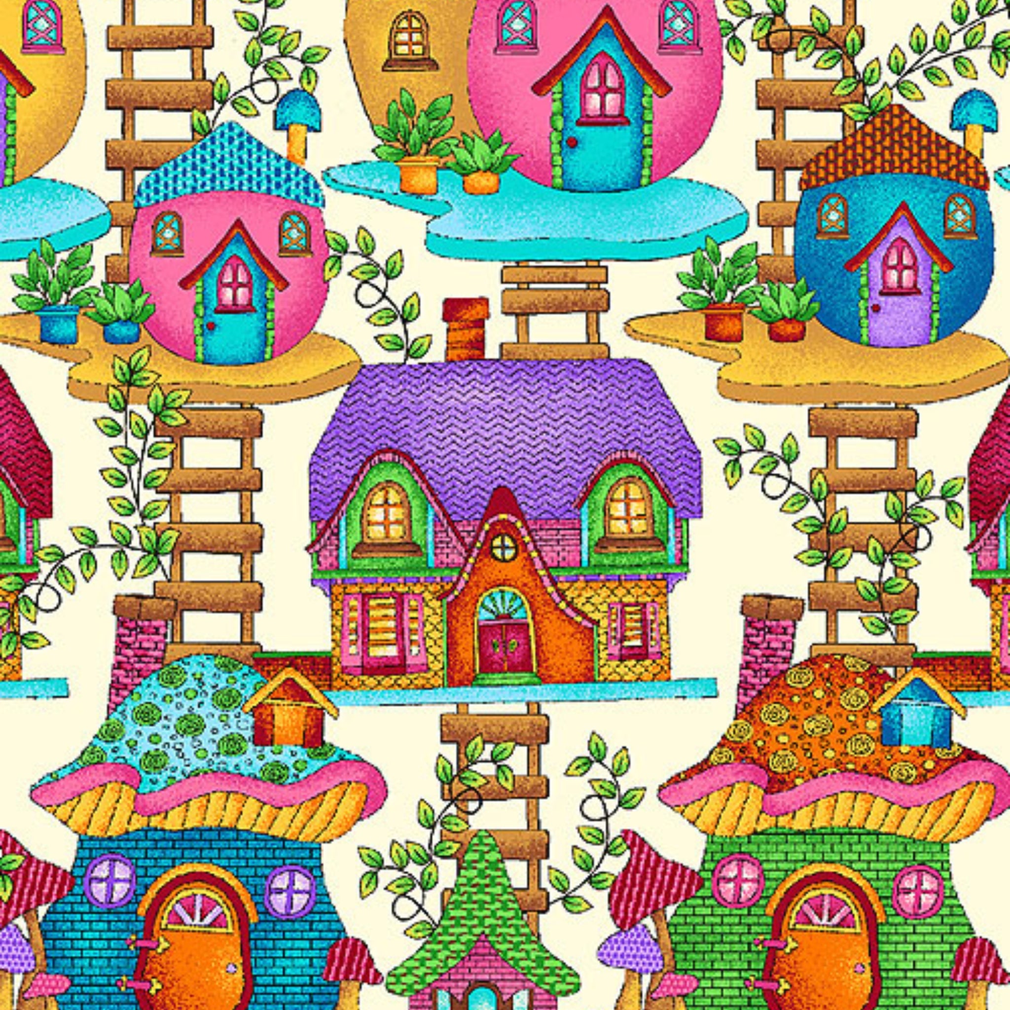 Colourful fairy treehouses platforms ladders mushrooms cream fabric for baby quilts nursery and children's patchwork projects