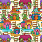 Colourful fairy treehouses platforms ladders mushrooms cream fabric for baby quilts nursery and children's patchwork projects