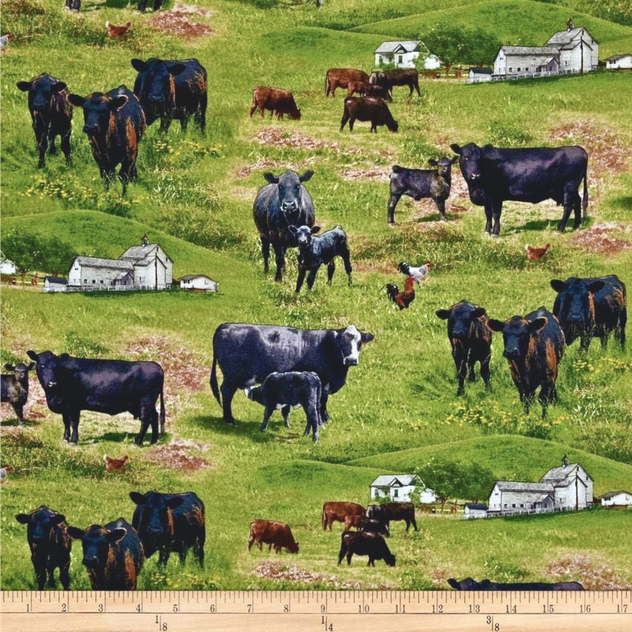 Black Angus cattle cows calves green paddock farm fabric for farm animal quilts country décor and farmer gifts