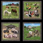 Farm animals picture blocks horses chickens pigs goats realistic farm scenes black background quilting panel