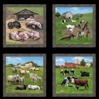 Farm animals picture blocks sheep cows pigs goats realistic farm scenes black background quilting panel