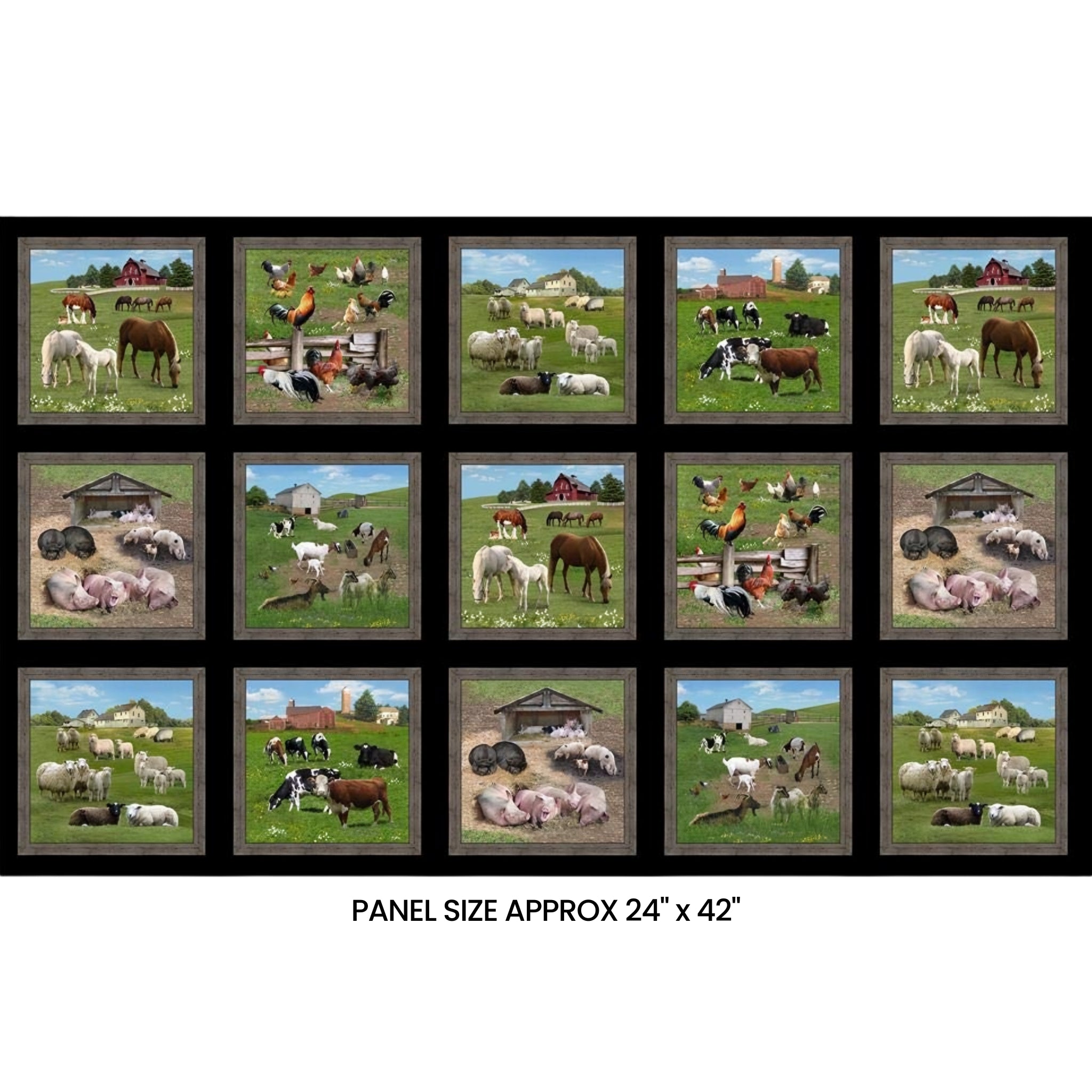 Farm animals block panel black background framed picture blocks horses cows sheep pigs goats chickens for quilts and wall hangings
