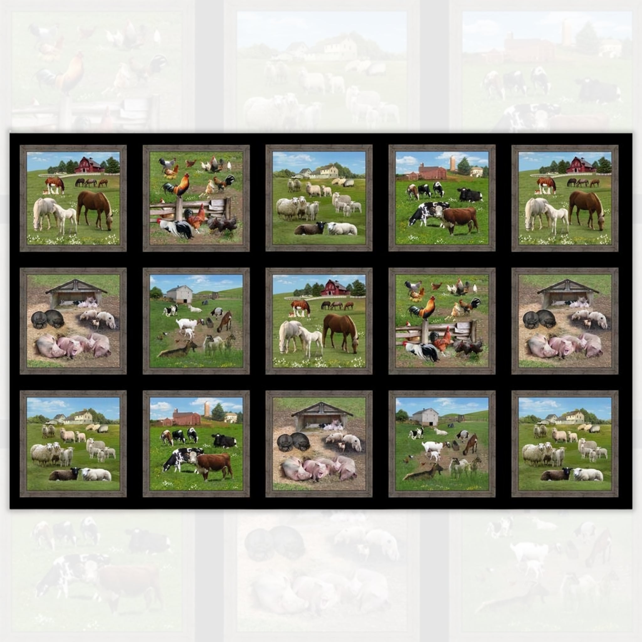 Farm animals block panel black background framed picture blocks horses cows sheep pigs goats chickens for quilts and wall hangings