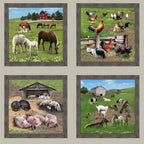Farm animals picture blocks horses chickens pigs goats realistic farm scenes black background quilting panel