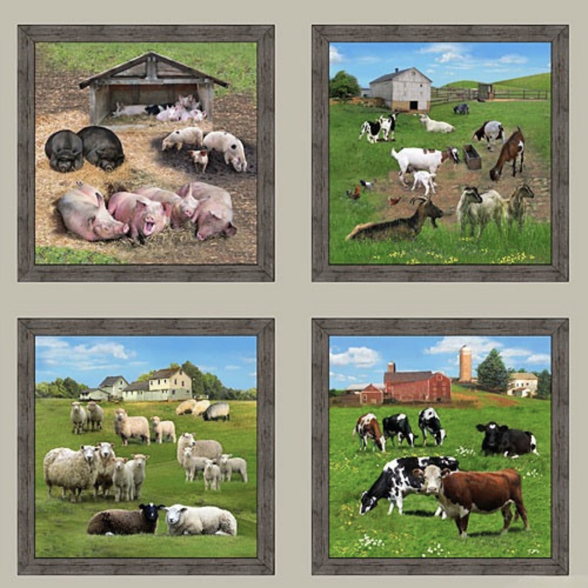 Farm animals picture blocks sheep cows pigs goats realistic farm scenes black background quilting panel