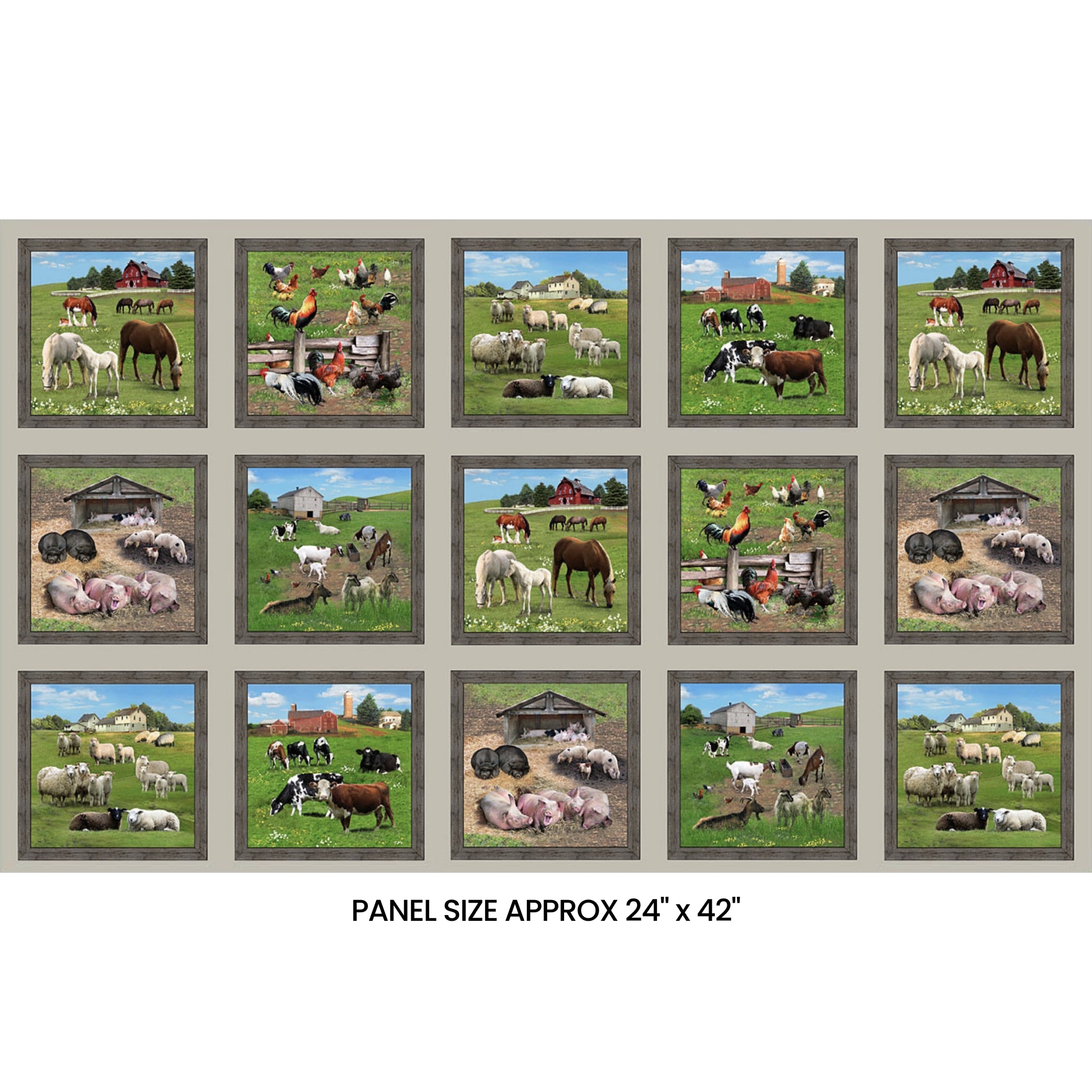 Farm animals block panel grey background framed picture blocks horses cows sheep pigs goats chickens for quilts and wall hangings