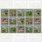 Farm animals block panel grey background framed picture blocks horses cows sheep pigs goats chickens for quilts and wall hangings