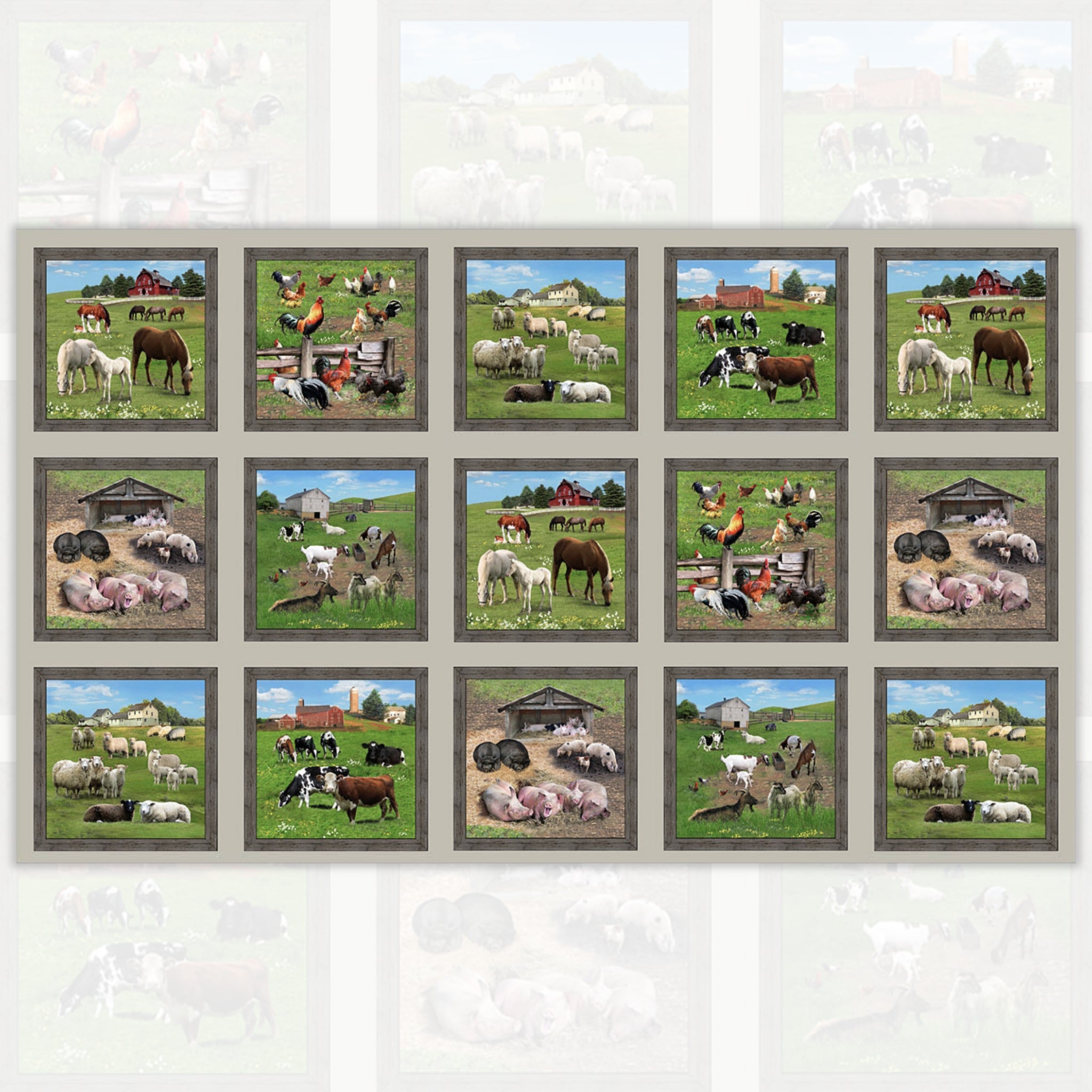Farm animals block panel grey background framed picture blocks horses cows sheep pigs goats chickens for quilts and wall hangings