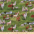 Llamas alpacas cria green paddock farm fabric for farm animal quilts country décor and llama alpaca lover gifts