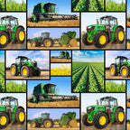 Farm Machines allover fabric with green tractors and farm equipment, perfect for quilts, bags, and farm-themed projects