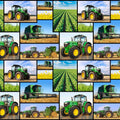 Farm Machines allover fabric with green tractors and farm equipment, perfect for quilts, bags, and farm-themed projects