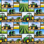 Farm Machines allover fabric with green tractors and farm equipment, perfect for quilts, bags, and farm-themed projects