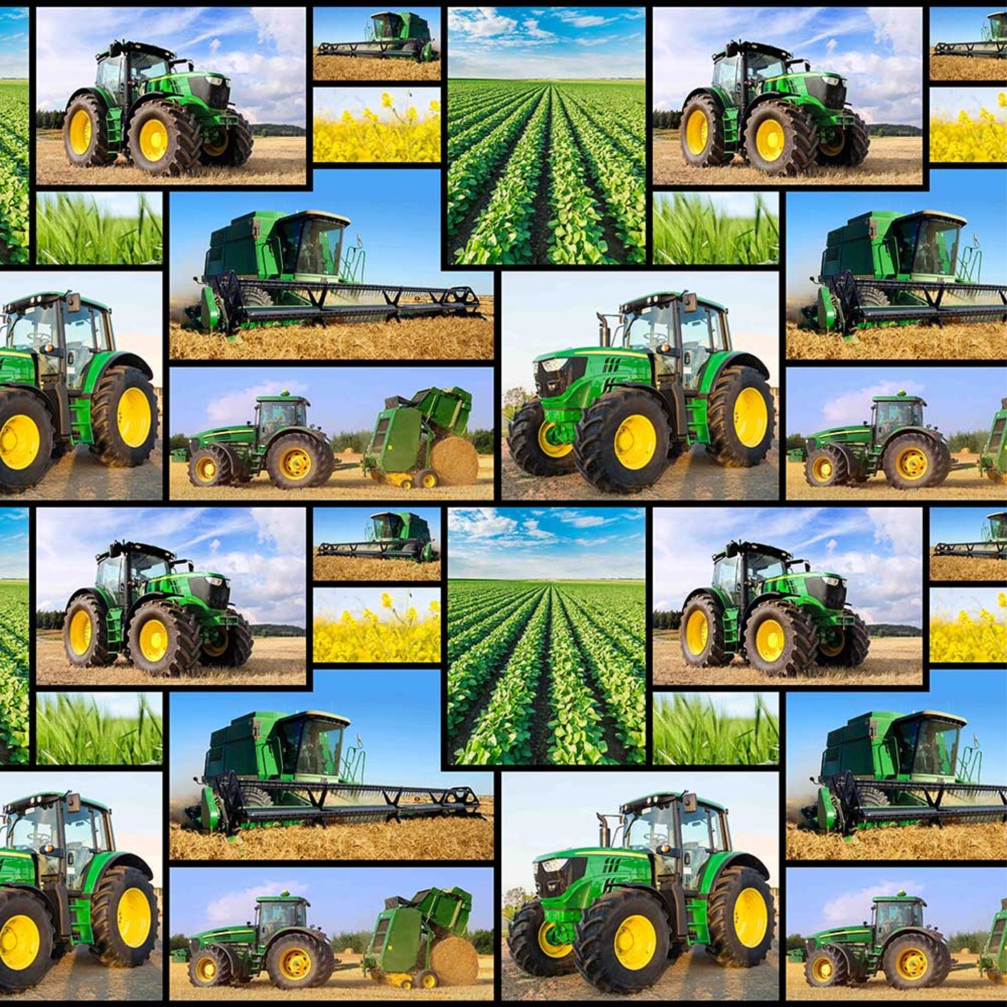Farm Machines allover fabric with green tractors and farm equipment, perfect for quilts, bags, and farm-themed projects