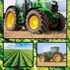 Farm machinery collage panel fabric with green tractors and combine harvesters, perfect for boys' quilting projects for farm lovers