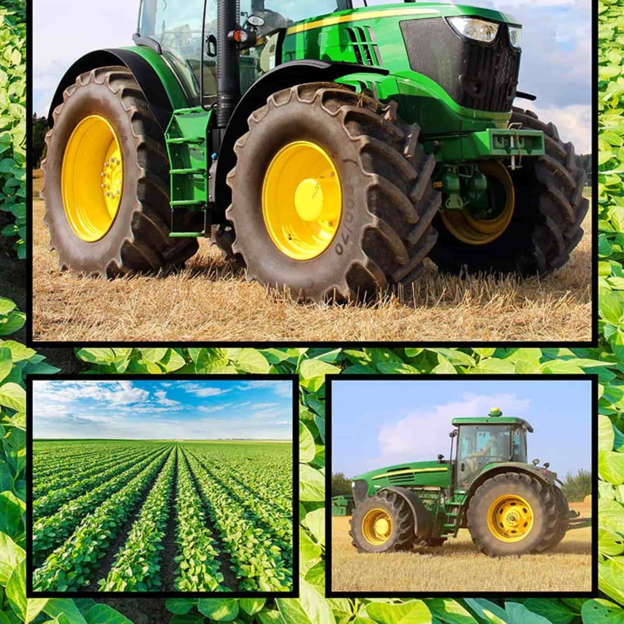Farm machinery collage panel fabric with green tractors and combine harvesters, perfect for boys' quilting projects for farm lovers