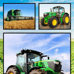 Farm machinery collage panel fabric with green tractors and combine harvesters, perfect for boys' quilting projects for farm lovers