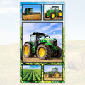 Farm machinery collage panel fabric with green tractors and combine harvesters, perfect for boys' quilting projects for farm lovers