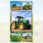 Farm machinery collage panel fabric with green tractors and combine harvesters, perfect for boys' quilting projects for farm lovers