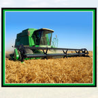 Green combine harvester in farm wheat field fabric panel perfect for boys' quilts and projects for farm lovers