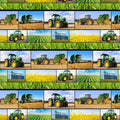 Green fabric with strips of tractors and fields, perfect for boys' quilting projects for farm lovers