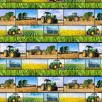 Green fabric with strips of tractors and fields, perfect for boys' quilting projects for farm lovers